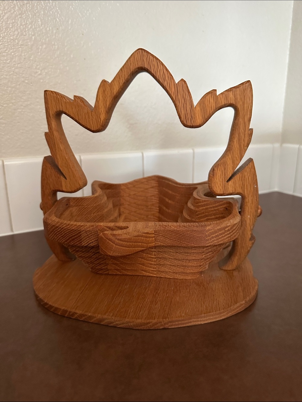 Carved Wooden Basket with Leaf Handle - Warm Oak Tone